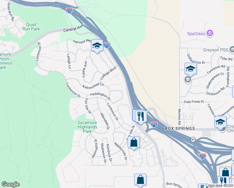 map of restaurants, bars, coffee shops, grocery stores, and more near 1575 Mc Intosh Drive in Riverside