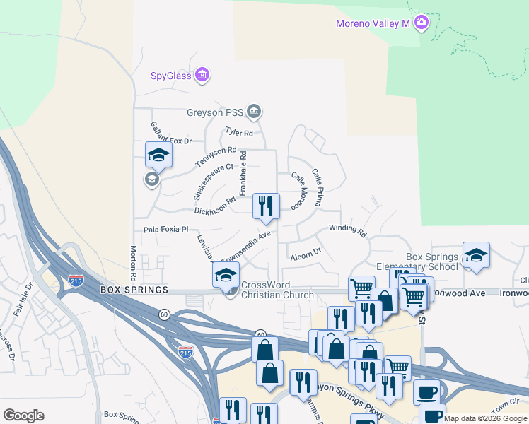 map of restaurants, bars, coffee shops, grocery stores, and more near 21480 Marston Court in Moreno Valley