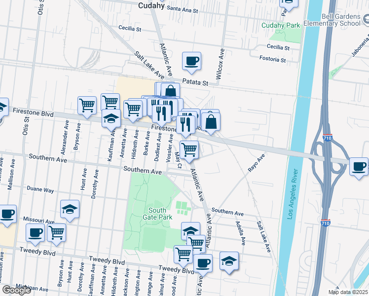 map of restaurants, bars, coffee shops, grocery stores, and more near 8949 Atlantic Avenue in South Gate