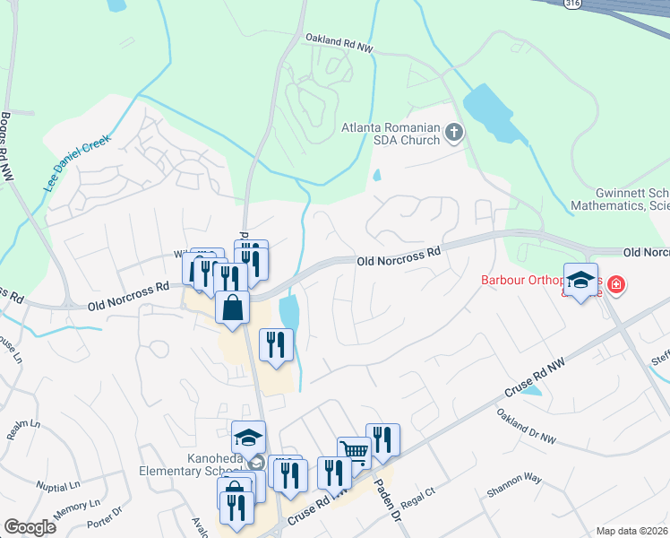 map of restaurants, bars, coffee shops, grocery stores, and more near 1192 Parkside Club Drive Northwest in Lawrenceville
