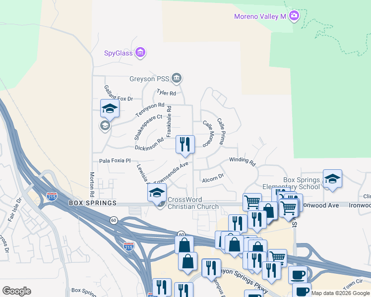 map of restaurants, bars, coffee shops, grocery stores, and more near 21480 Marston Court in Moreno Valley