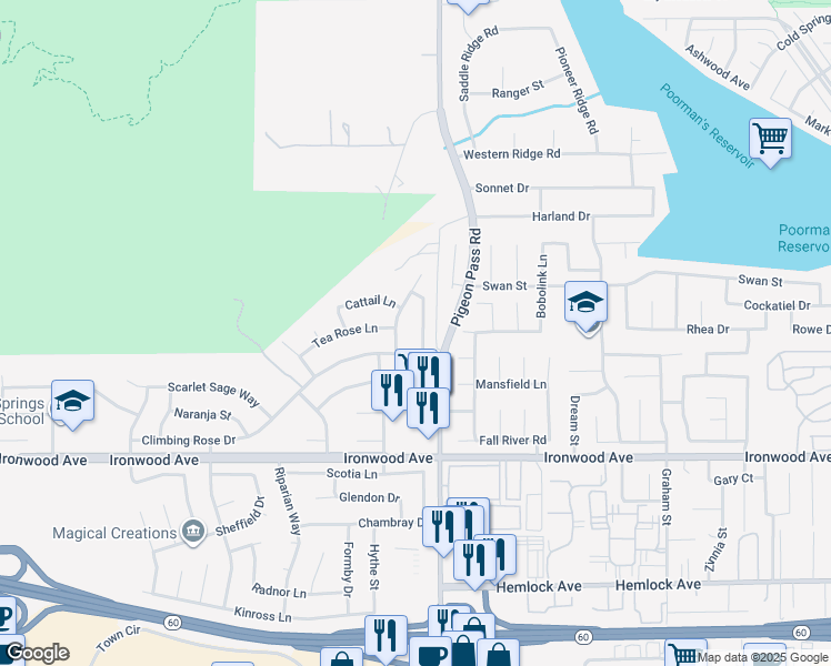 map of restaurants, bars, coffee shops, grocery stores, and more near 11735 Country Flower Lane in Moreno Valley