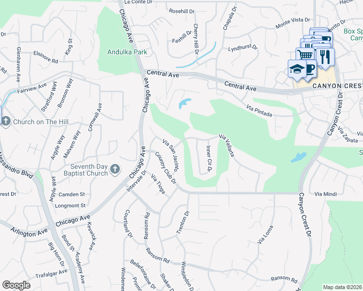 map of restaurants, bars, coffee shops, grocery stores, and more near 1455 Vía Vallarta in Riverside