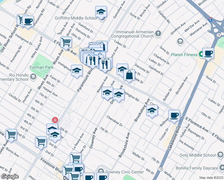 map of restaurants, bars, coffee shops, grocery stores, and more near 10247 La Reina Avenue in Downey