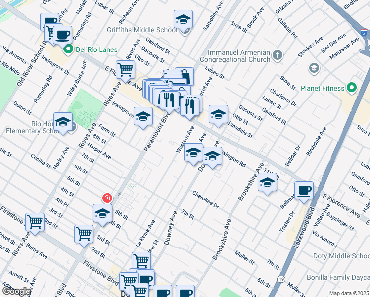 map of restaurants, bars, coffee shops, grocery stores, and more near 10319 Western Avenue in Downey