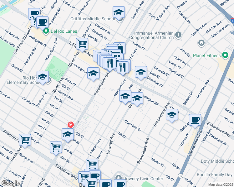 map of restaurants, bars, coffee shops, grocery stores, and more near 10319 Western Avenue in Downey