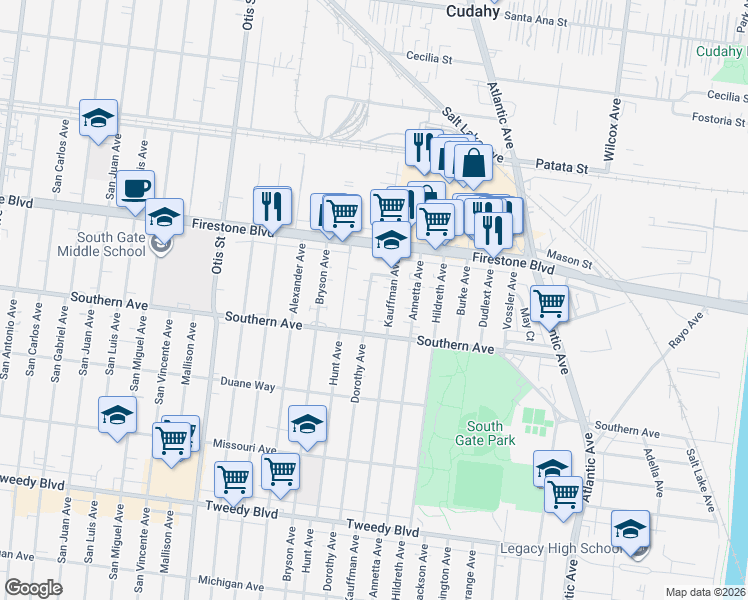 map of restaurants, bars, coffee shops, grocery stores, and more near 8955 Kauffman Avenue in South Gate