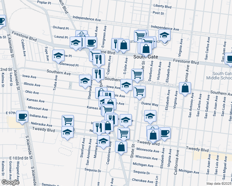 map of restaurants, bars, coffee shops, grocery stores, and more near in South Gate