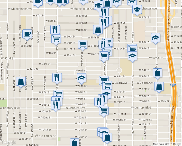 map of restaurants, bars, coffee shops, grocery stores, and more near 1115 West 94th Street in Los Angeles