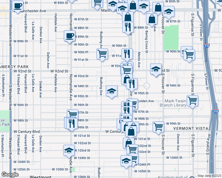 map of restaurants, bars, coffee shops, grocery stores, and more near 1115 West 94th Street in Los Angeles