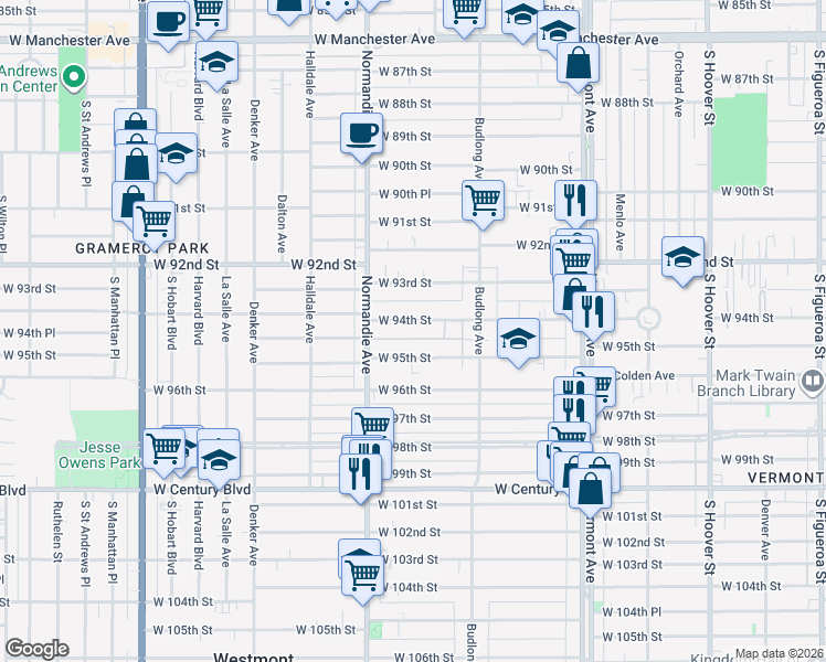 map of restaurants, bars, coffee shops, grocery stores, and more near 1329 West 94th Street in Los Angeles