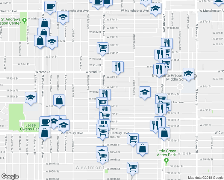 map of restaurants, bars, coffee shops, grocery stores, and more near 1329 West 94th Street in Los Angeles