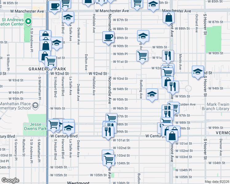 map of restaurants, bars, coffee shops, grocery stores, and more near 1329 West 94th Street in Los Angeles