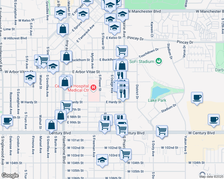 map of restaurants, bars, coffee shops, grocery stores, and more near 1000 South Osage Avenue in Inglewood