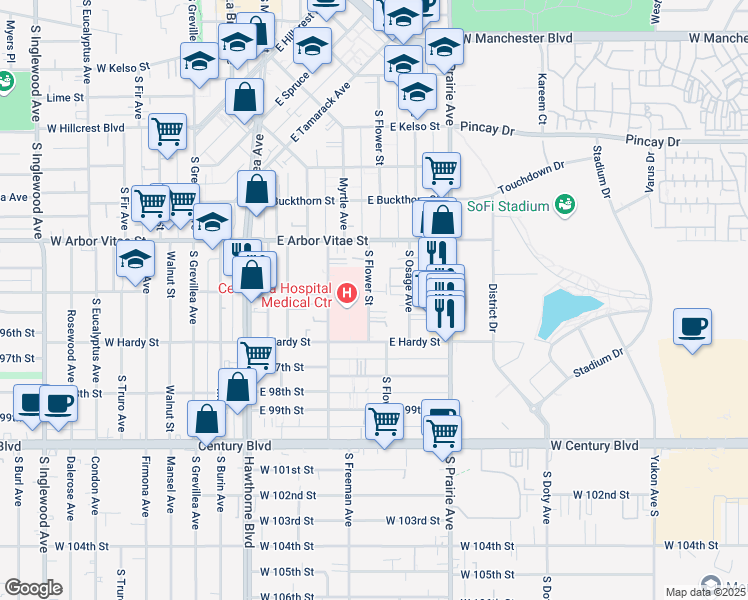 map of restaurants, bars, coffee shops, grocery stores, and more near 940 South Flower Street in Inglewood