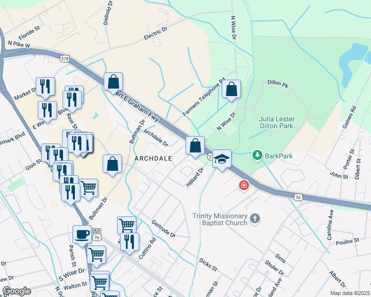 map of restaurants, bars, coffee shops, grocery stores, and more near 650 South Pike West in Sumter