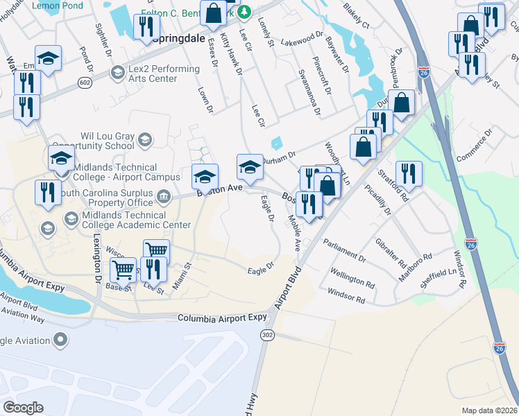 map of restaurants, bars, coffee shops, grocery stores, and more near Eagle Dr in West Columbia
