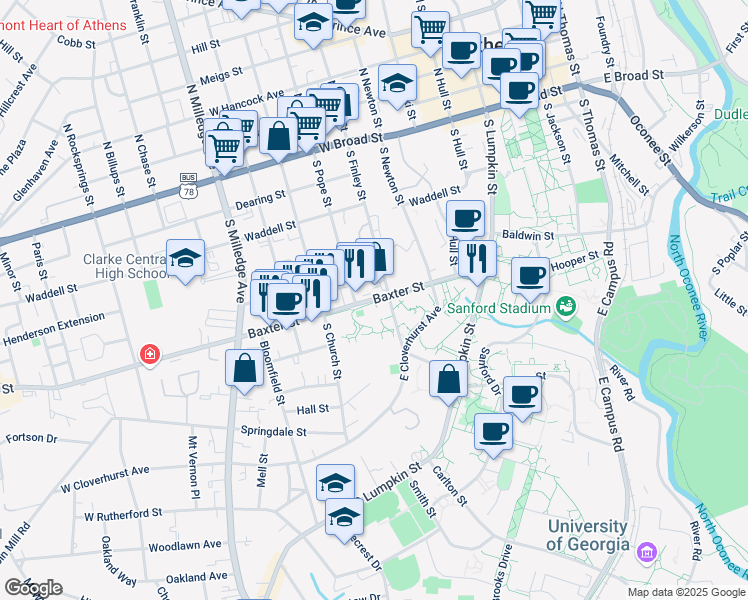 map of restaurants, bars, coffee shops, grocery stores, and more near 360 Baxter Street in Athens