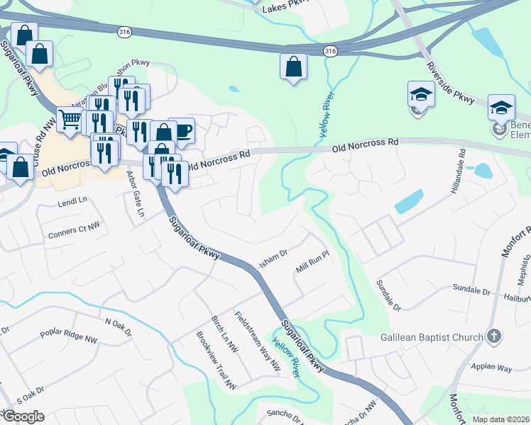 map of restaurants, bars, coffee shops, grocery stores, and more near 705 Winding River Drive in Lawrenceville