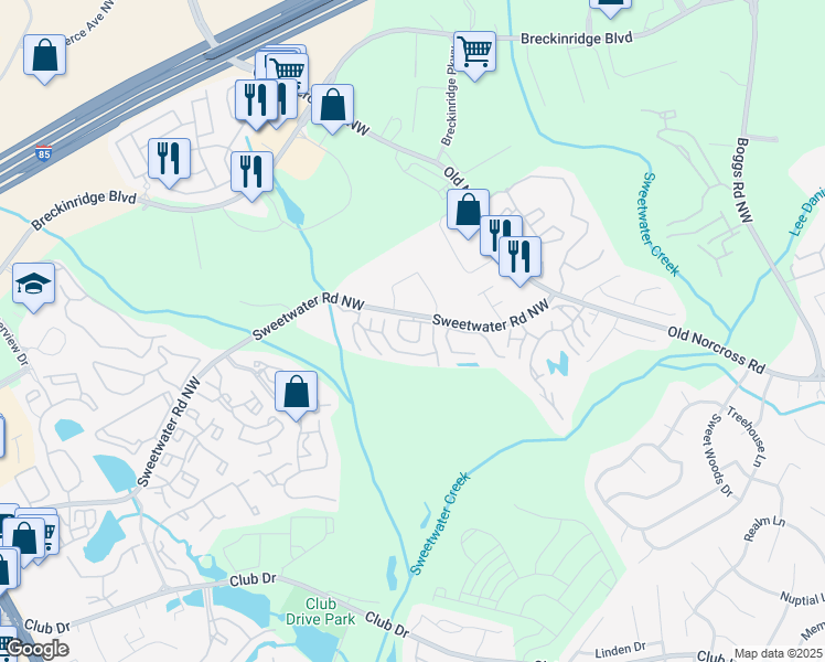 map of restaurants, bars, coffee shops, grocery stores, and more near 3100 Sweetwater Road in Lawrenceville