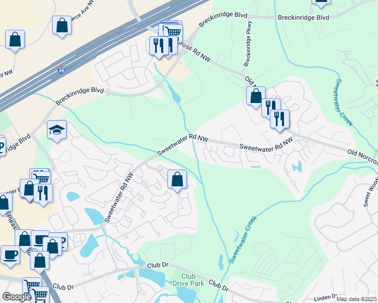 map of restaurants, bars, coffee shops, grocery stores, and more near 3100 Sweetwater Road in Lawrenceville