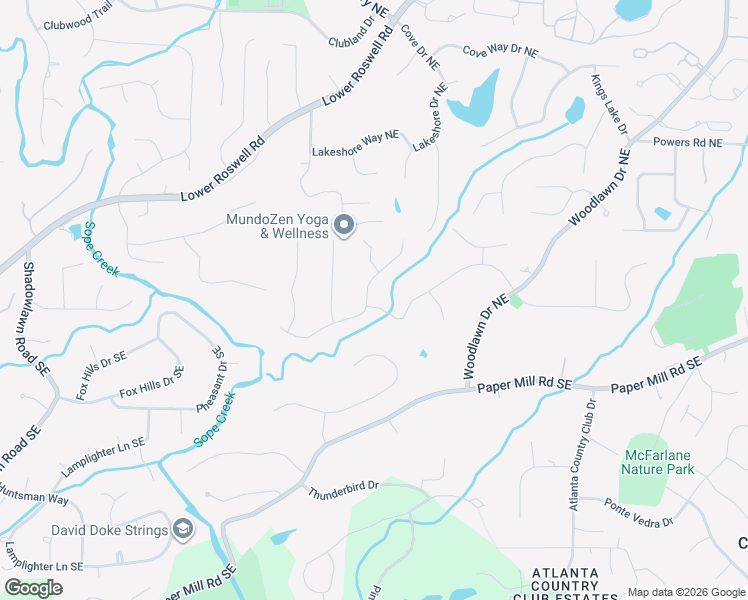 map of restaurants, bars, coffee shops, grocery stores, and more near 53 Lakeshore Drive Northeast in Marietta