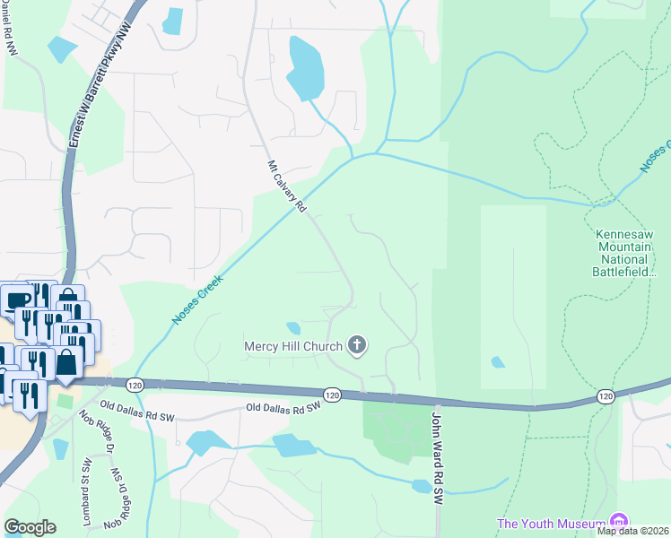 map of restaurants, bars, coffee shops, grocery stores, and more near 186 Mount Calvary Road in Marietta