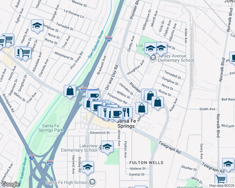 map of restaurants, bars, coffee shops, grocery stores, and more near 11518 Willins Street in Santa Fe Springs