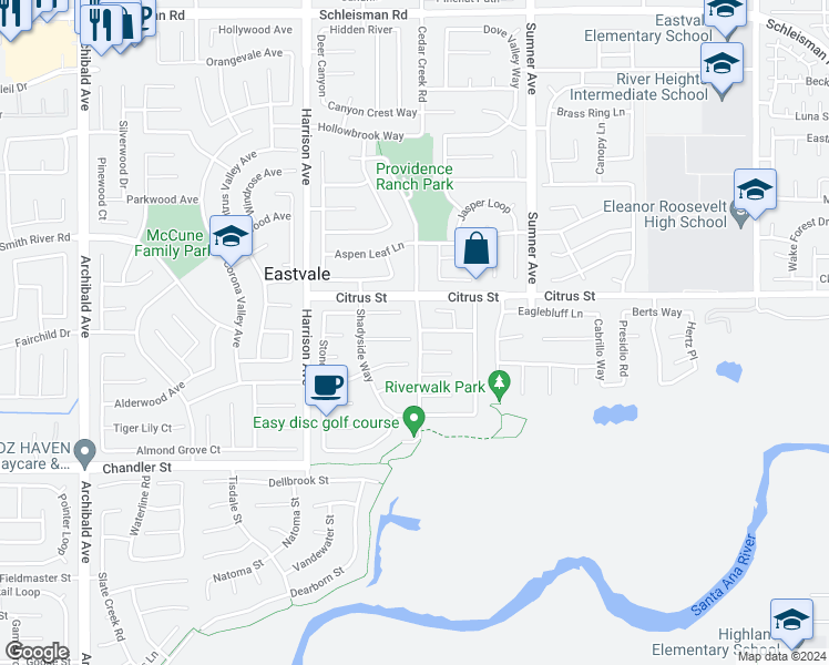 map of restaurants, bars, coffee shops, grocery stores, and more near 13627 Hunters Run Court in Corona