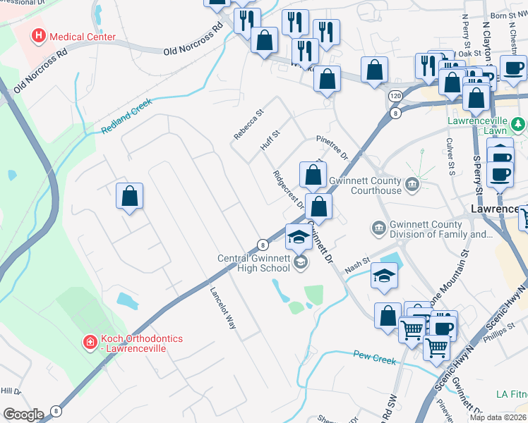 map of restaurants, bars, coffee shops, grocery stores, and more near 271 Ridgecrest Drive in Lawrenceville