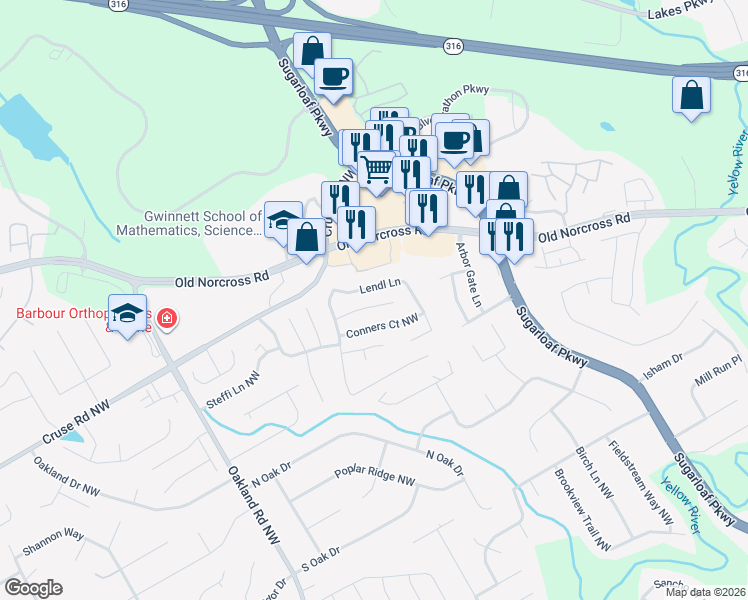 map of restaurants, bars, coffee shops, grocery stores, and more near 1045 Lendl Lane in Lawrenceville