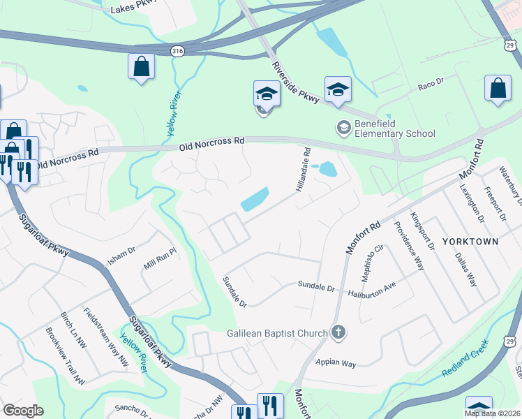 map of restaurants, bars, coffee shops, grocery stores, and more near 1347 Hillandale Road in Lawrenceville