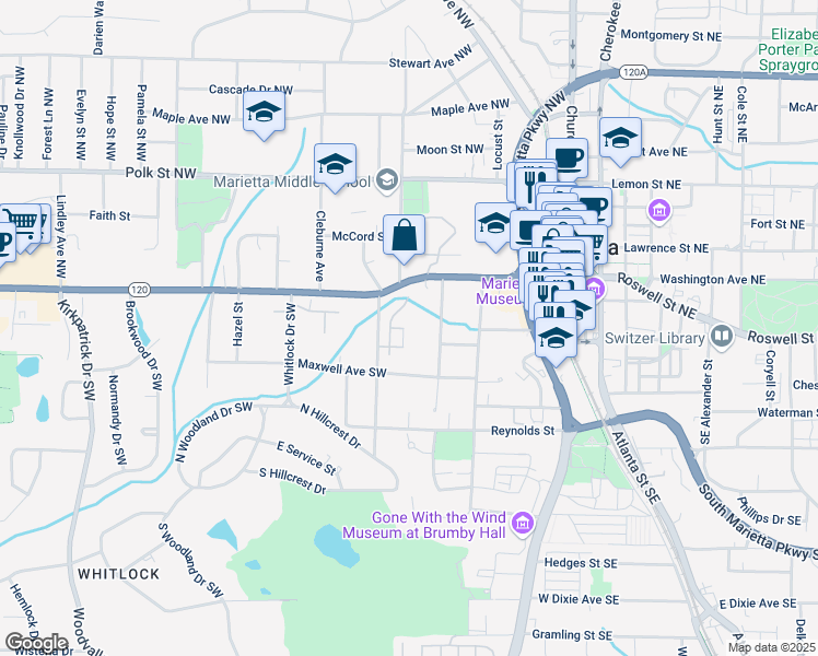 map of restaurants, bars, coffee shops, grocery stores, and more near 53 Whitlock Square Southwest in Marietta