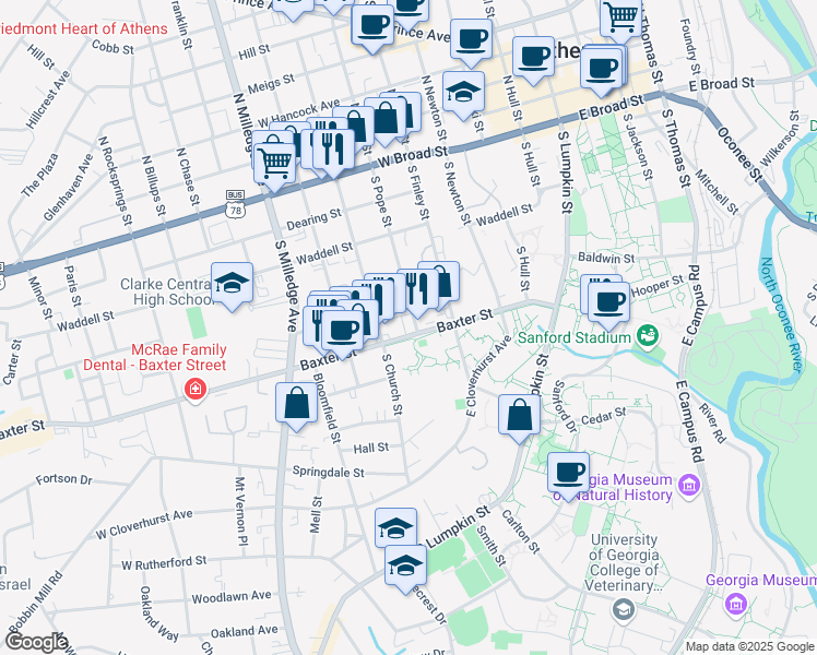 map of restaurants, bars, coffee shops, grocery stores, and more near 425 South Church Street in Athens