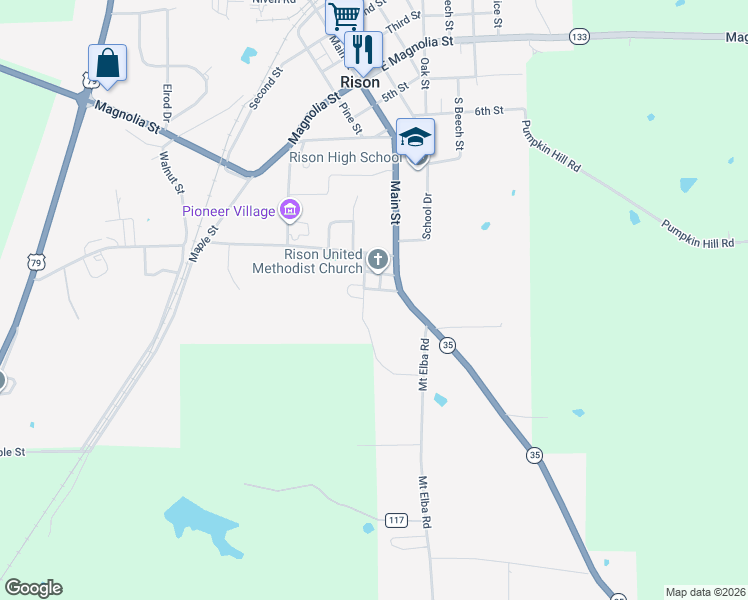 map of restaurants, bars, coffee shops, grocery stores, and more near 107 Doctor Sadler in Rison