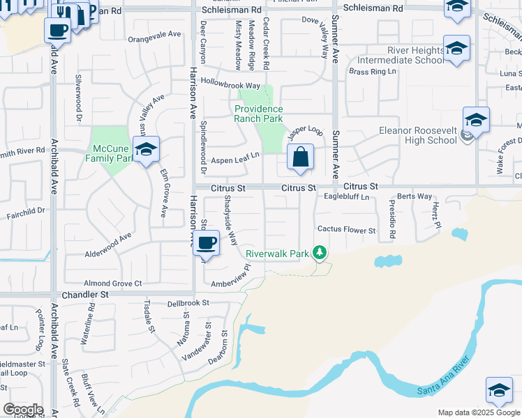map of restaurants, bars, coffee shops, grocery stores, and more near 13608 Sagemont Court in Corona