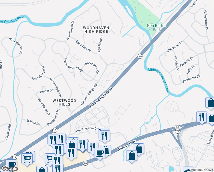 map of restaurants, bars, coffee shops, grocery stores, and more near 249 Melba Lane in Athens