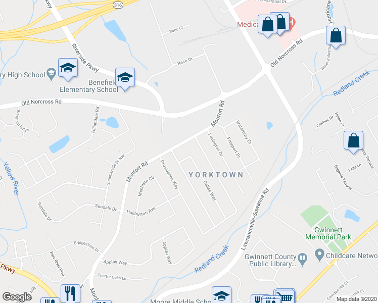 map of restaurants, bars, coffee shops, grocery stores, and more near 1109 Dallas Way in Lawrenceville