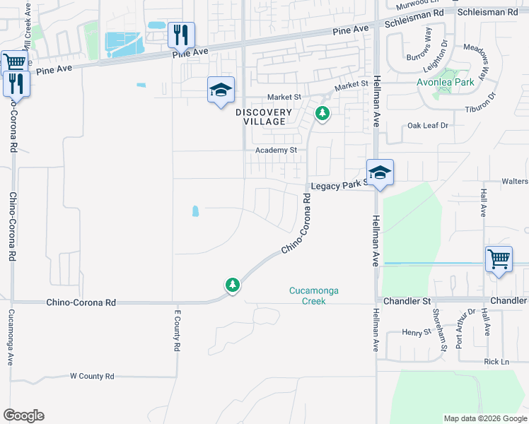 map of restaurants, bars, coffee shops, grocery stores, and more near 16687 Bristlecone Avenue in Chino