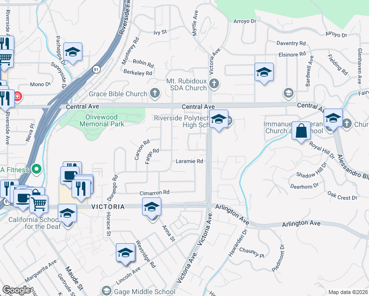 map of restaurants, bars, coffee shops, grocery stores, and more near 2797 Persimmon Place in Riverside