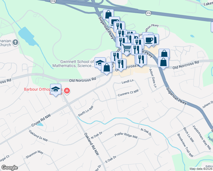 map of restaurants, bars, coffee shops, grocery stores, and more near 900 Lendl Lane in Lawrenceville