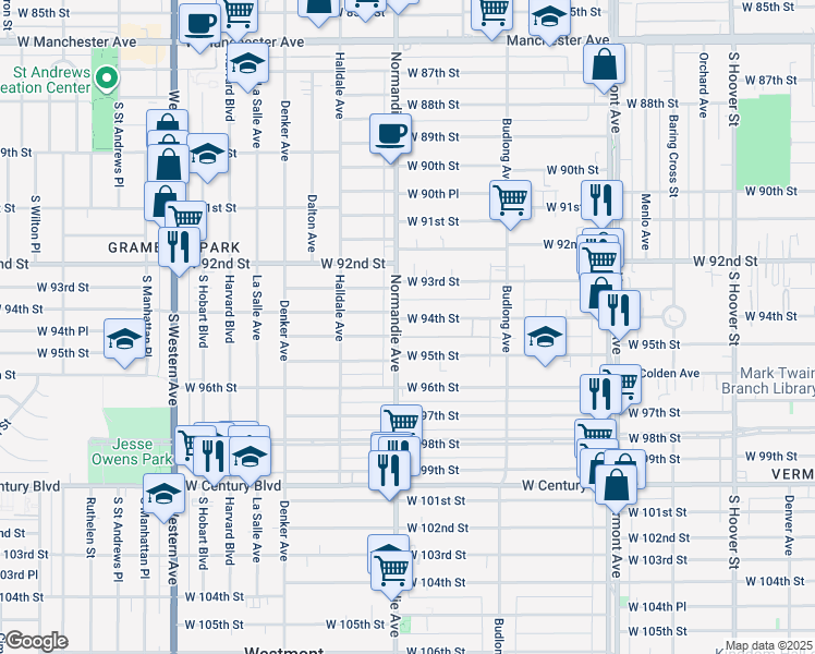 map of restaurants, bars, coffee shops, grocery stores, and more near 1344 West 94th Street in Los Angeles