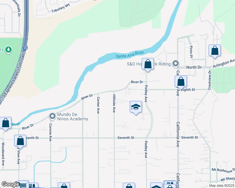 map of restaurants, bars, coffee shops, grocery stores, and more near 4729 Hillside Avenue in Norco