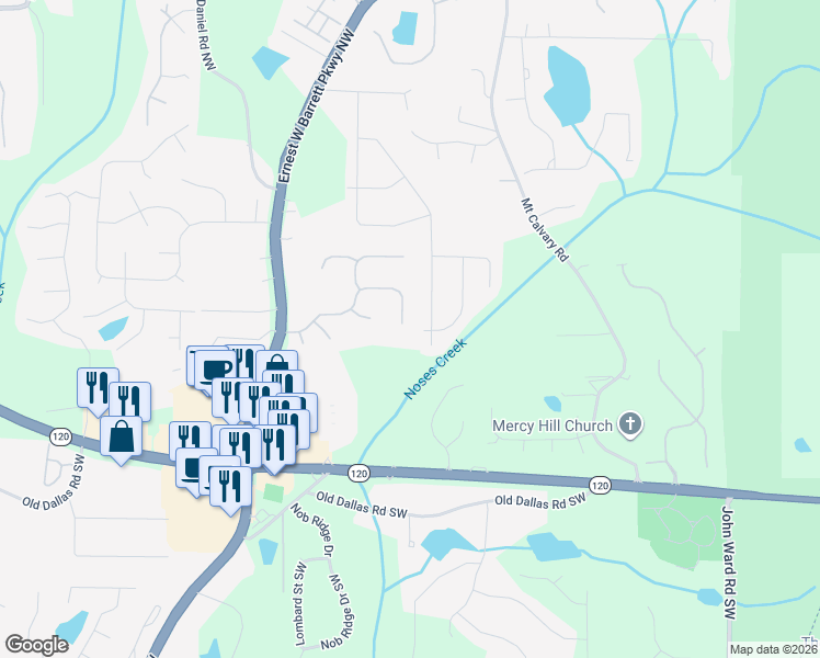 map of restaurants, bars, coffee shops, grocery stores, and more near 2370 Battle Forest Drive Southwest in Marietta