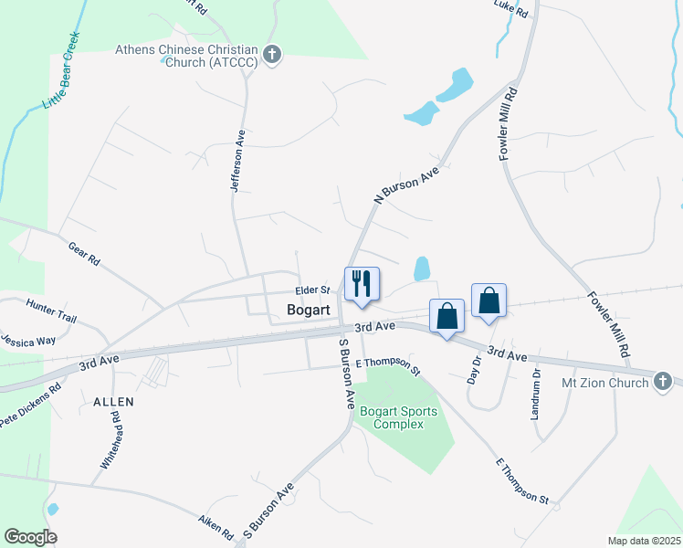 map of restaurants, bars, coffee shops, grocery stores, and more near 163 North Burson Avenue in Bogart