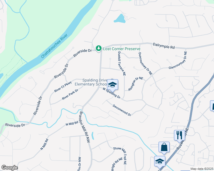 map of restaurants, bars, coffee shops, grocery stores, and more near 62 West Spalding Drive in Sandy Springs