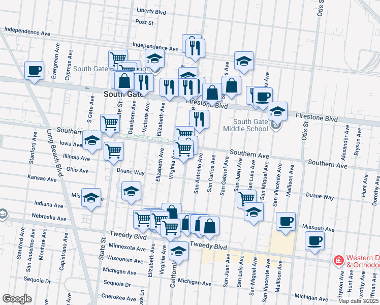 map of restaurants, bars, coffee shops, grocery stores, and more near 3522 Southern Avenue in South Gate