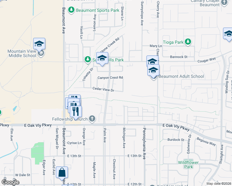 map of restaurants, bars, coffee shops, grocery stores, and more near 711 Cedar View Drive in Beaumont