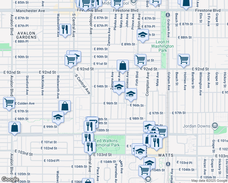 map of restaurants, bars, coffee shops, grocery stores, and more near 9418 Zamora Avenue in Los Angeles