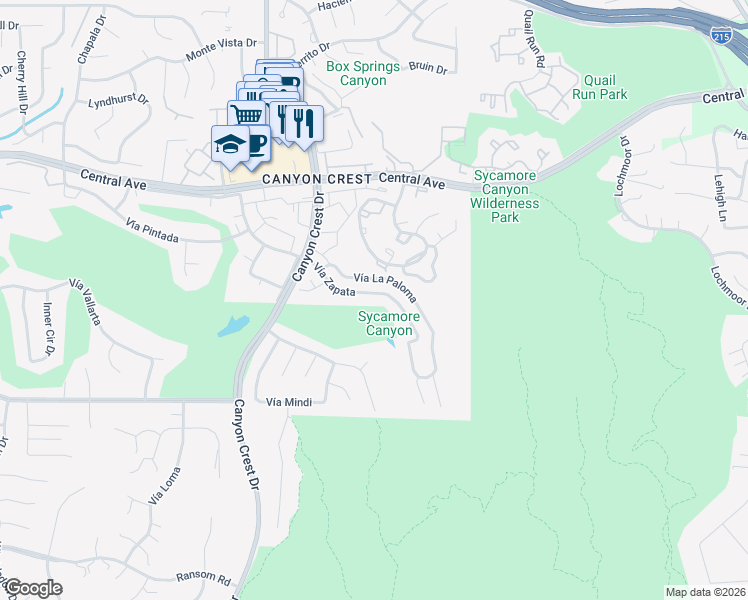 map of restaurants, bars, coffee shops, grocery stores, and more near 710 Vía Zapata in Riverside